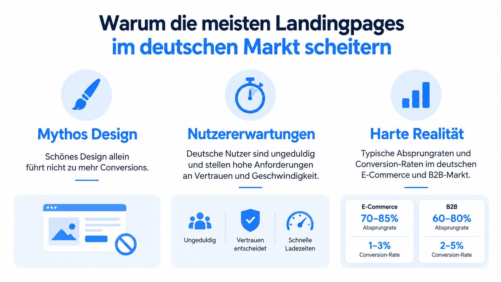 Infografik über die Gründe für das Scheitern von Landingpages auf dem deutschen Markt mit Fokus auf Nutzererwartungen.