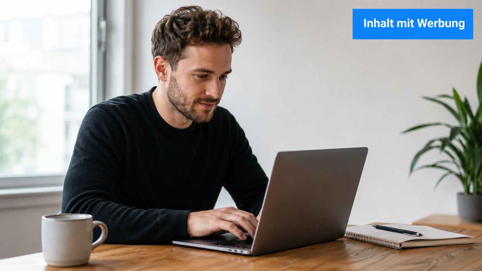 Ein junger Mann mit Bart sitzt an einem Holztisch und arbeitet konzentriert an seinem Laptop im Büro.