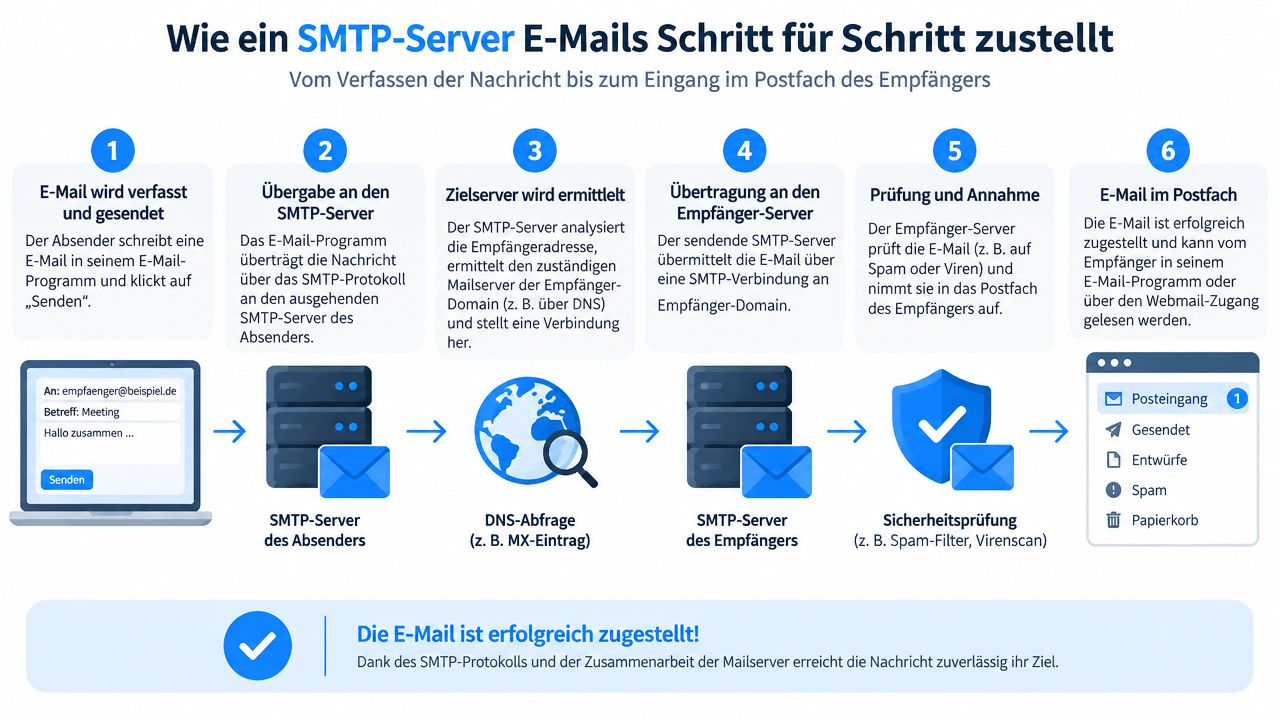 Eine Infografik erklärt die sechs Schritte der E-Mail-Zustellung über das SMTP-Protokoll vom Absender bis zum Empfänger.