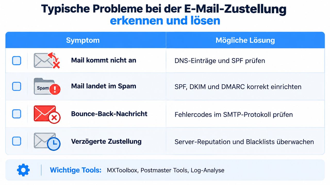 Eine Übersichtstabelle mit Symptomen für Probleme bei der E-Mail-Zustellung und den jeweils zugehörigen Lösungen zur Fehlerbehebung.