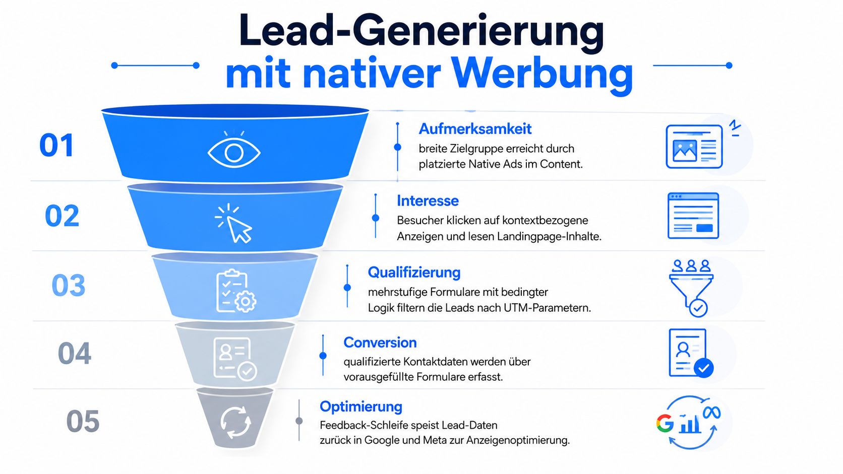 Ein Trichterdiagramm, das die fünf Phasen der Lead-Generierung mit nativer Werbung und Content-Marketing veranschaulicht.