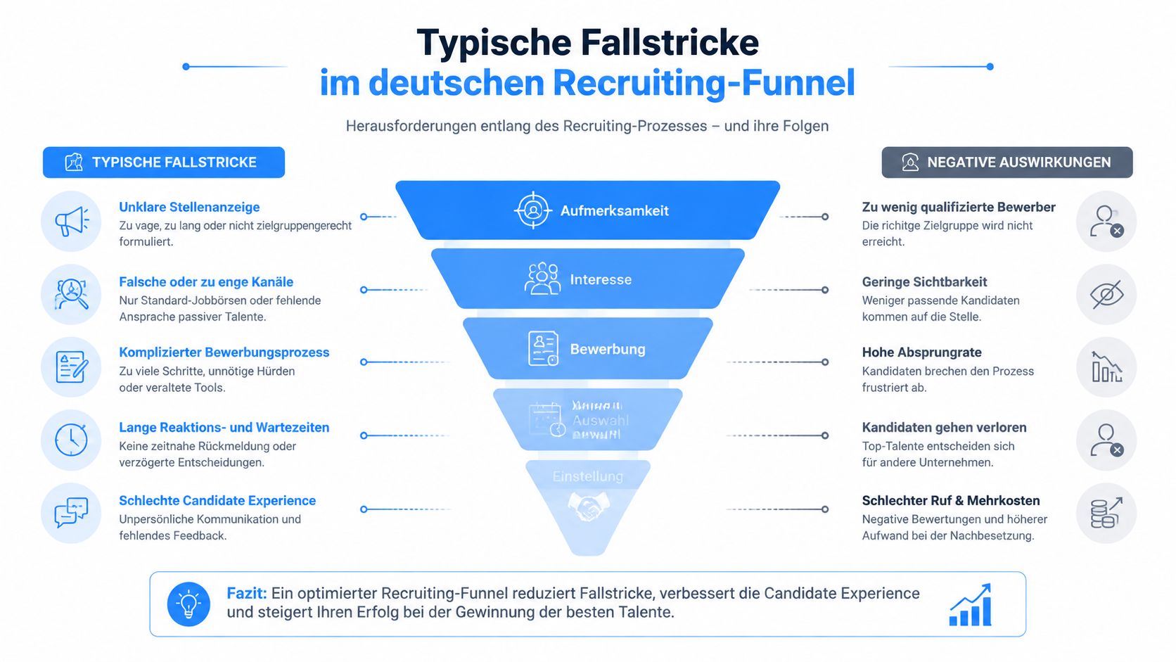 Grafik zeigt typische Fallstricke und negative Auswirkungen im deutschen Recruiting-Prozess innerhalb eines Trichters dargestellt.