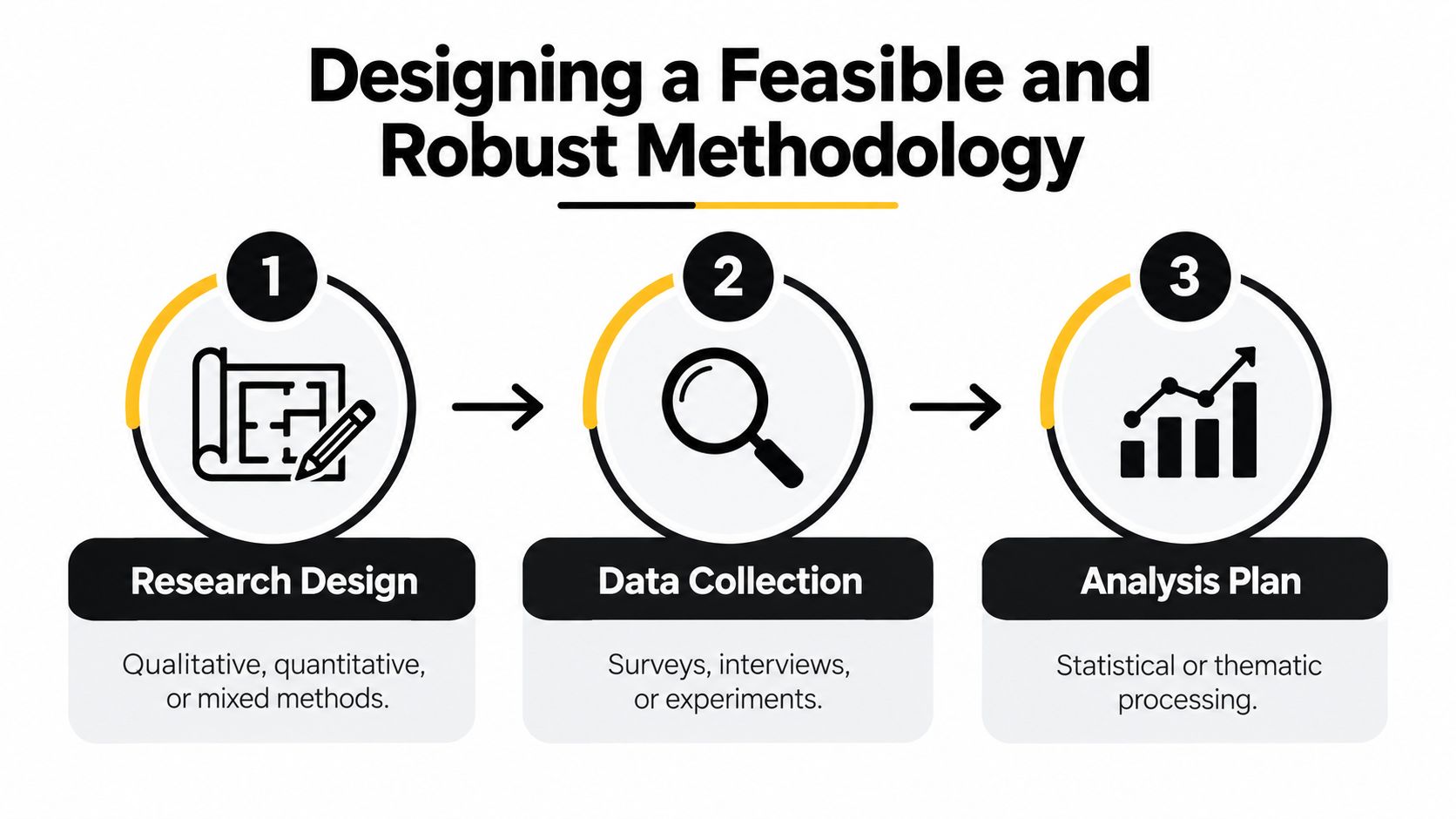 A three-step infographic showing the process of designing a robust research methodology for a dissertation proposal.
