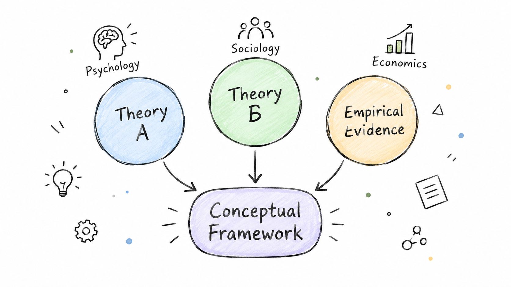 A hand-drawn diagram illustrating a conceptual framework connected to psychology, sociology, and empirical evidence in research.