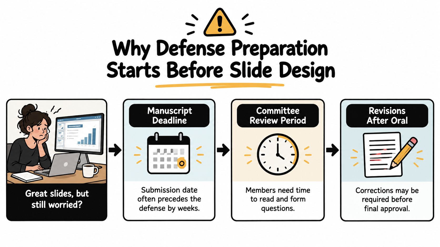 An infographic explaining that dissertation defense preparation begins well before designing slides through multiple necessary phases.