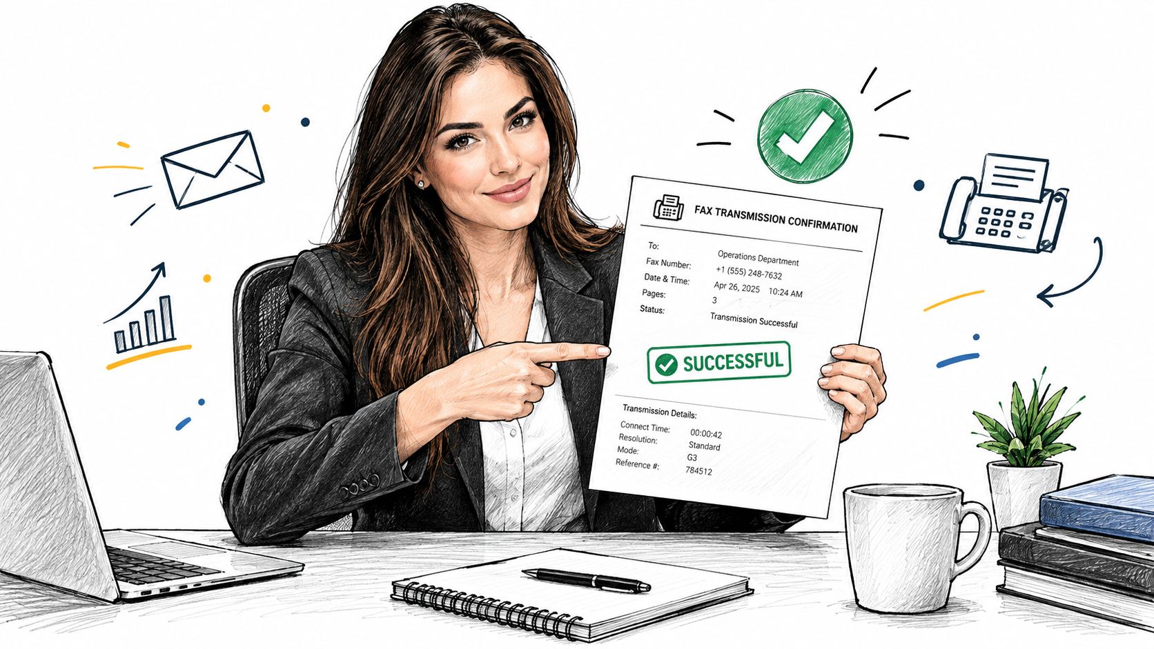 A professional woman holding a successful fax transmission confirmation document in a modern office setting.
