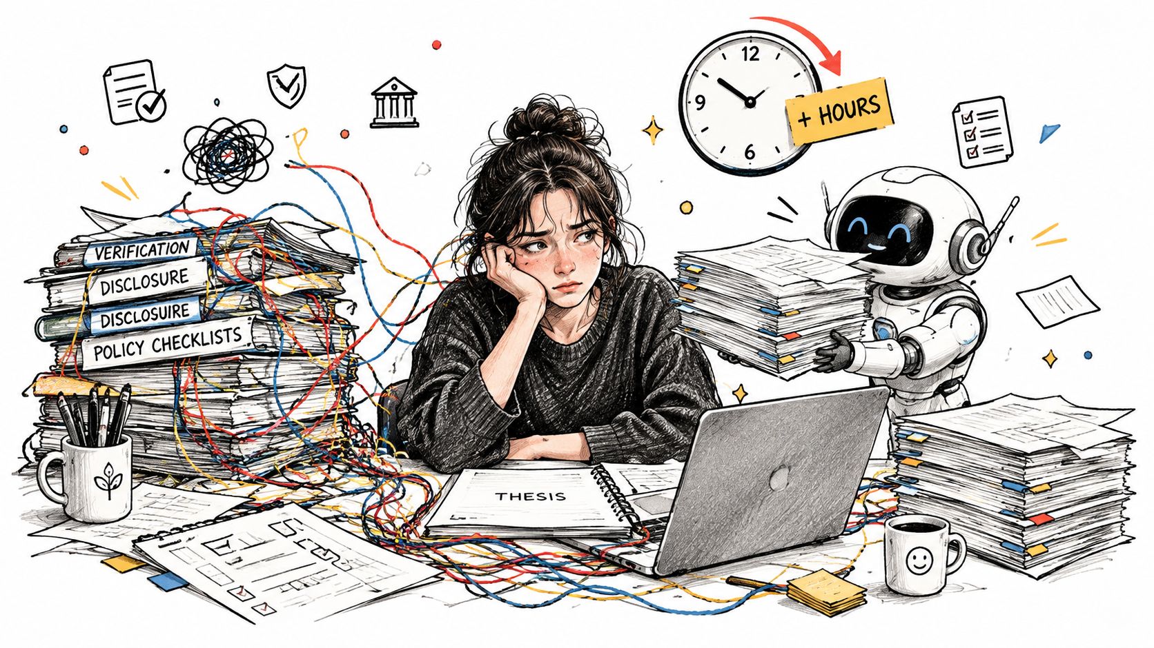 A tired student works on her thesis while being assisted by an AI robot with heavy paperwork.