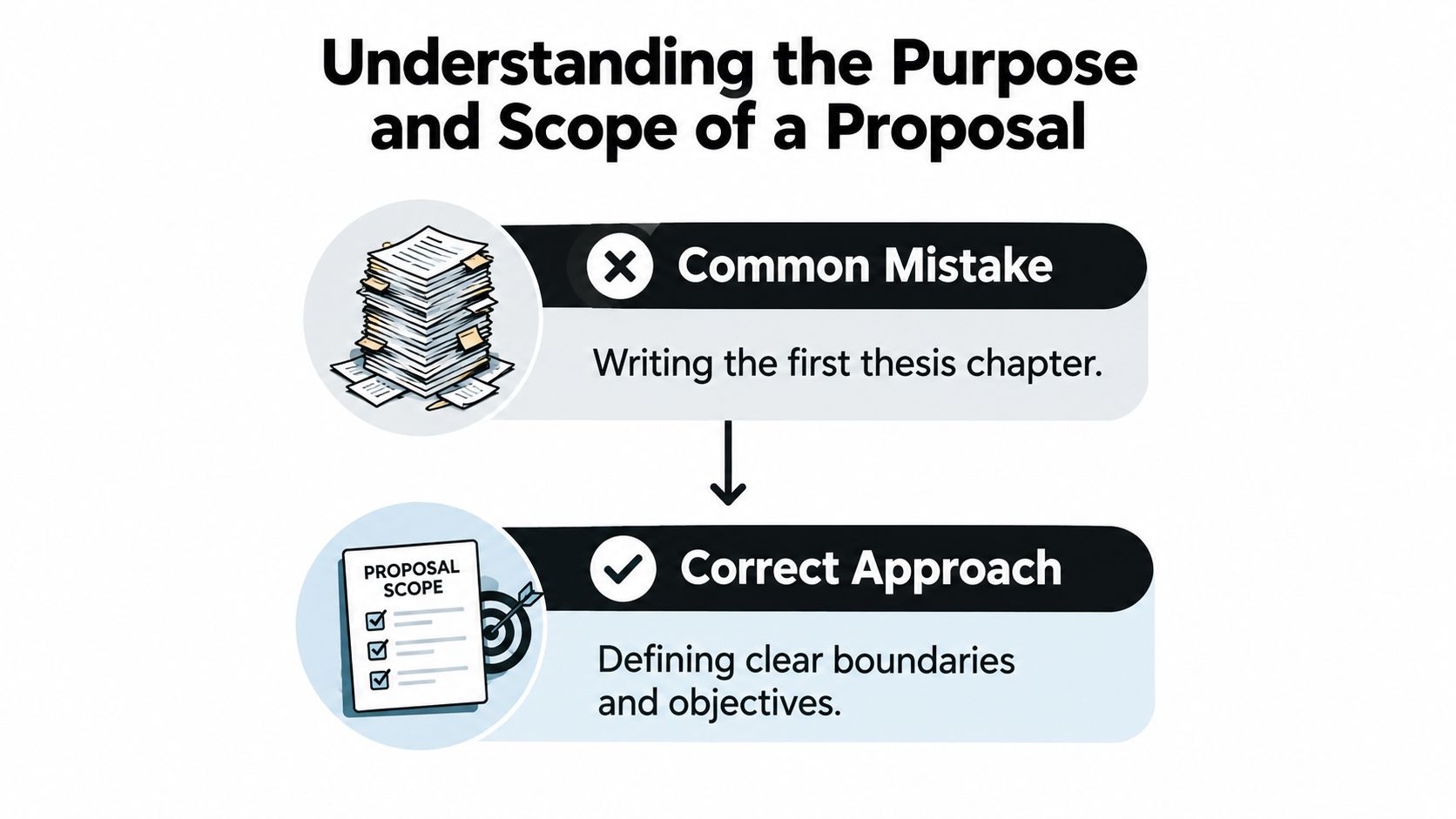 An infographic contrasting the common mistake of writing a full chapter versus defining proposal scope and objectives.