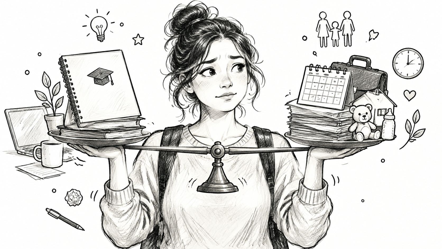 A woman balancing education materials and household responsibilities on a scale, symbolizing work-life and study balance.