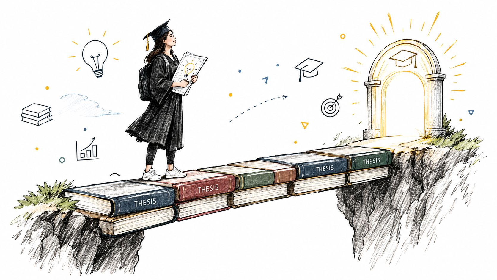 A graduate student standing on a bridge made of thesis books, looking towards a bright academic gateway.