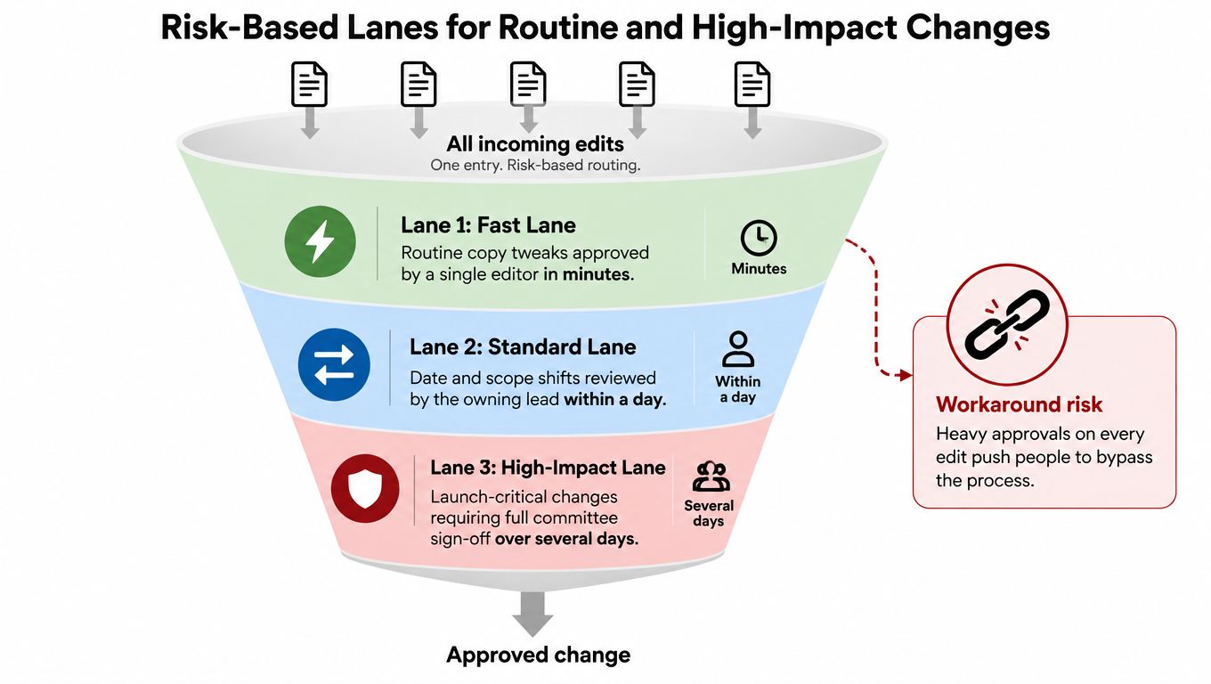A diagram illustrating a risk-based change control funnel with three lanes for managing routine to high-impact changes.