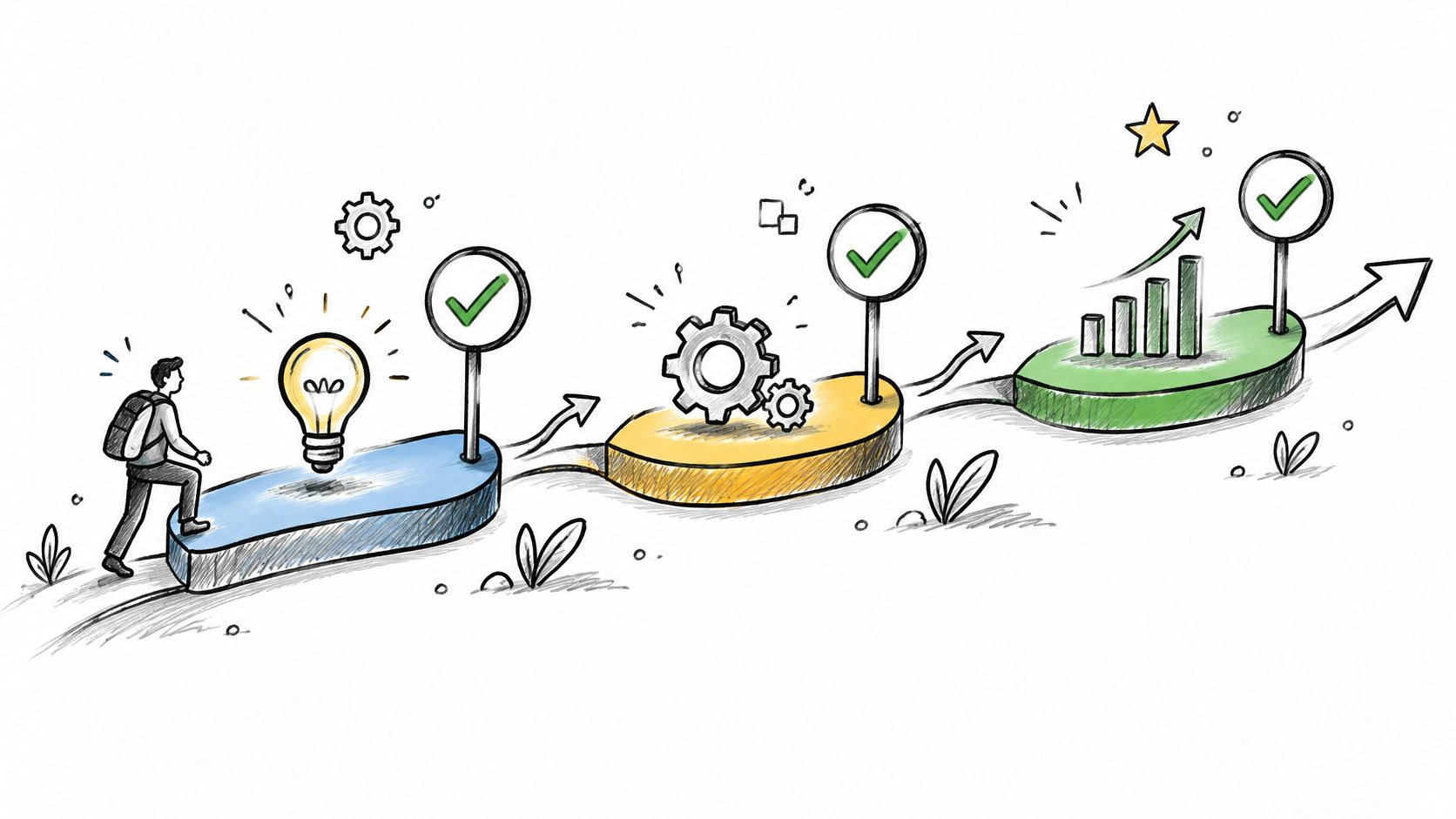 A hand-drawn illustration depicting a person walking through three business development milestones represented by an idea, execution, and growth.