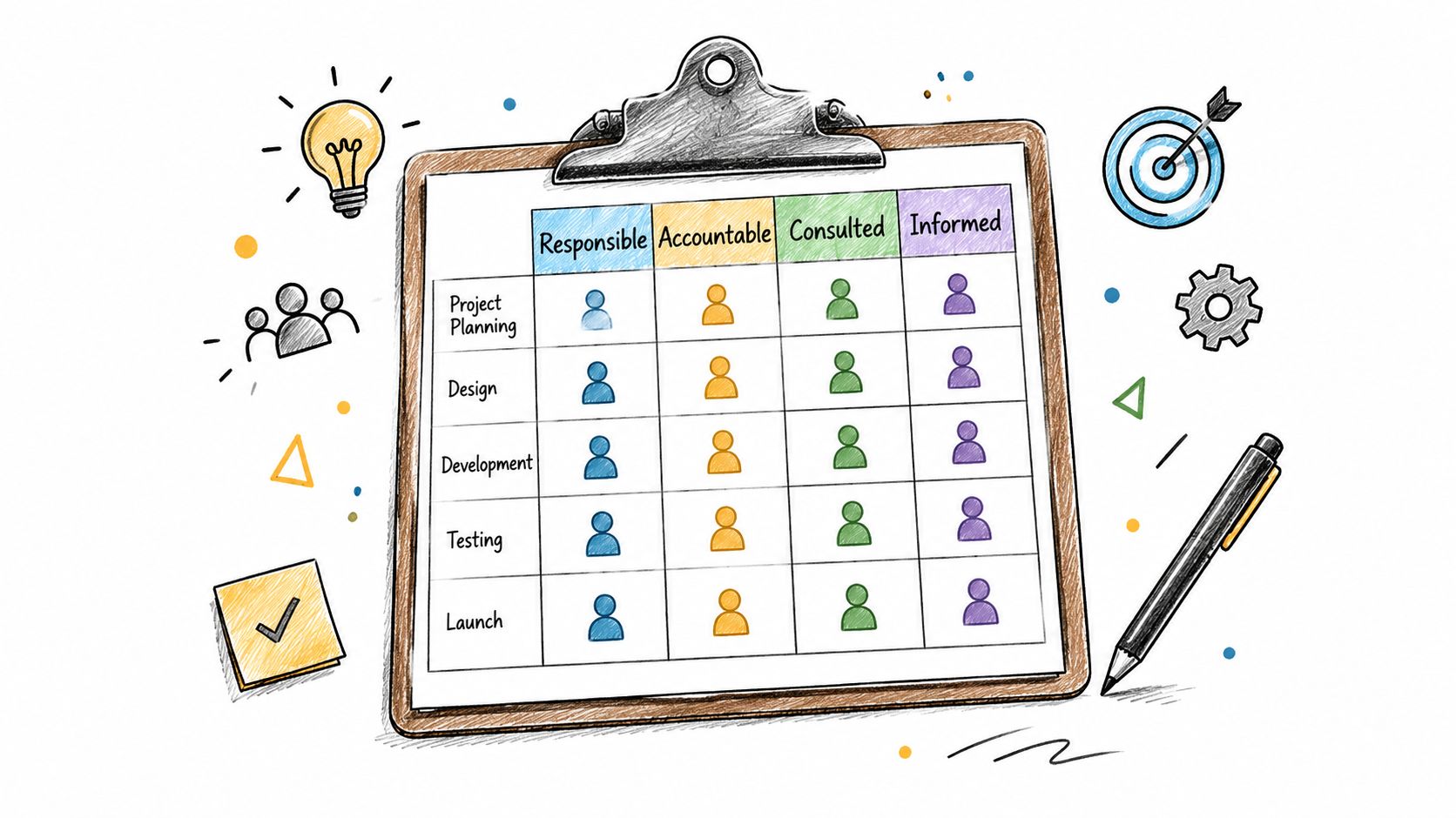 A hand-drawn illustration of a clipboard displaying a RACI matrix project management chart with colorful icons.