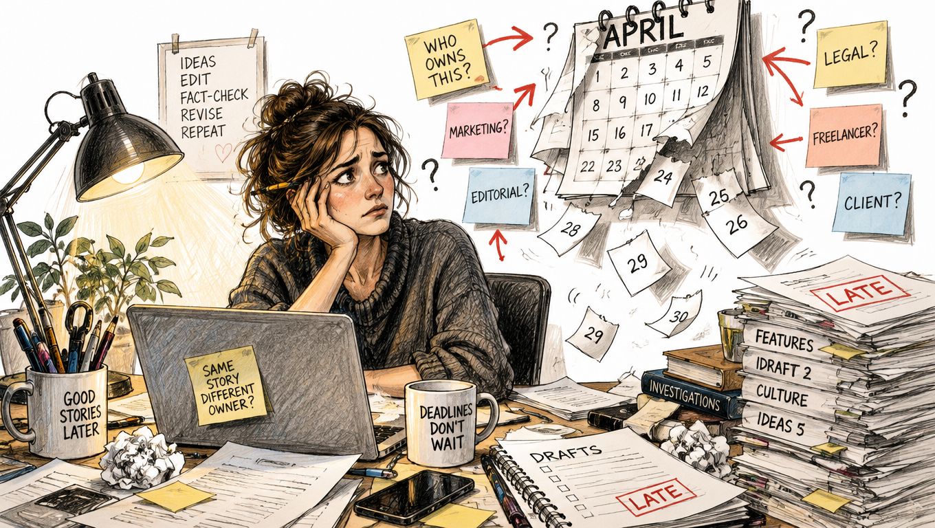 A stressed woman working at her desk overwhelmed by deadlines, paperwork, and project ownership confusion.