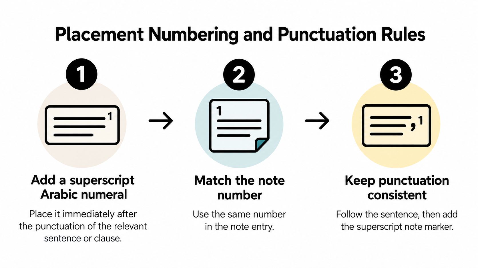 A three-step infographic explaining placement numbering and punctuation rules for using footnotes in academic writing.