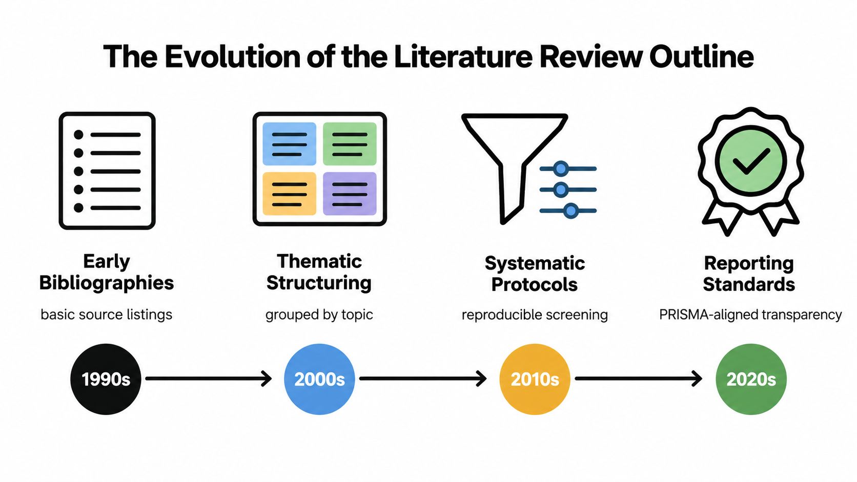 A timeline chart titled The Evolution of the Literature Review Outline showing four stages from the 1990s.