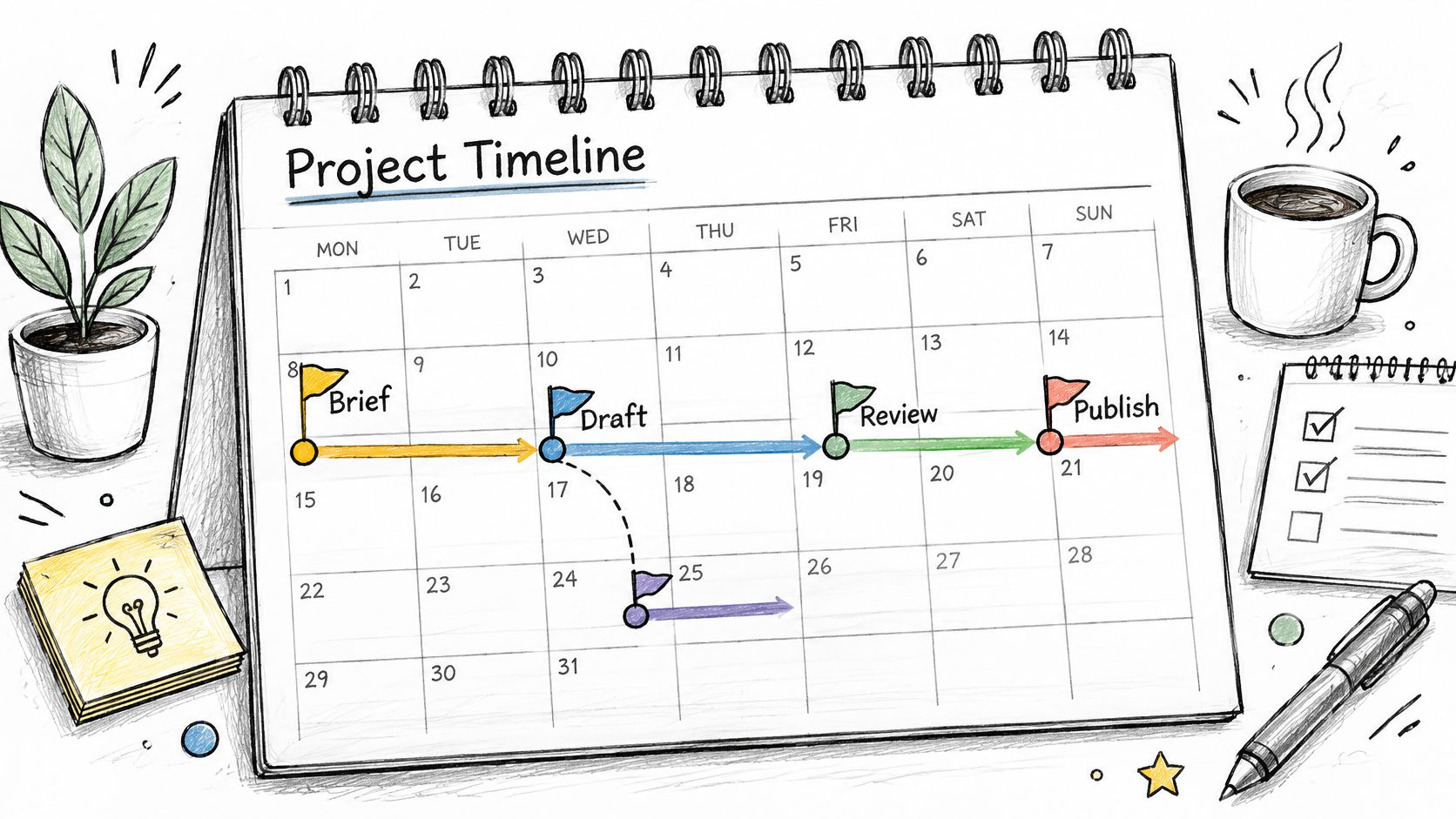 A hand-drawn calendar illustration displaying a project timeline with markers for briefing, drafting, reviewing, and publishing.