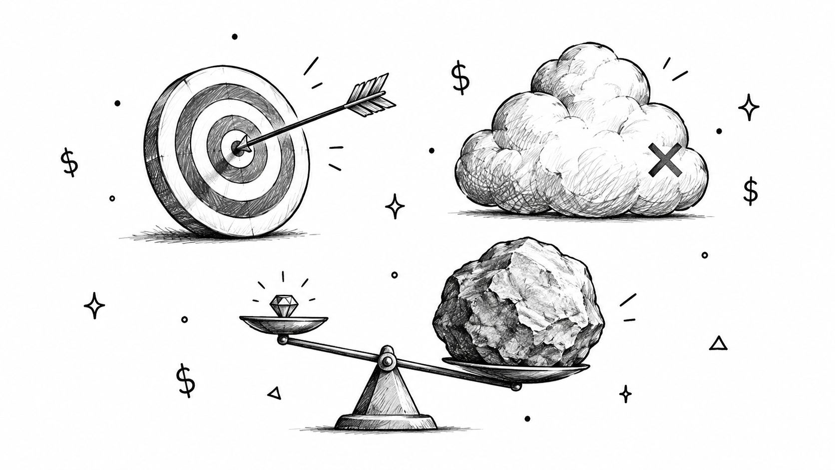 Hand-drawn sketch illustrating business concepts including a target, a cloud with an X, and a scale.