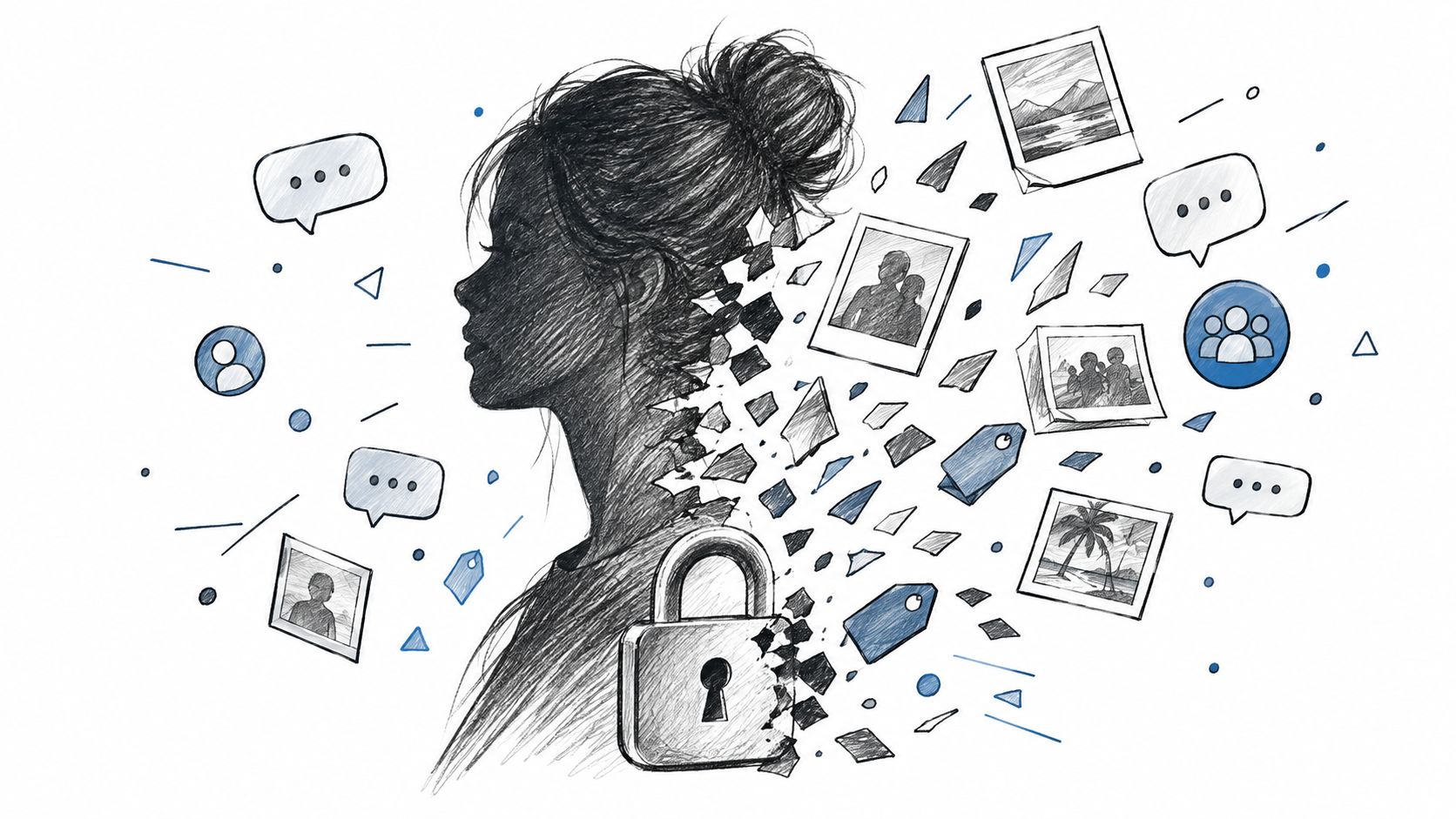 A conceptual sketch showing a woman's profile fading into digital elements, social media icons, and a padlock.