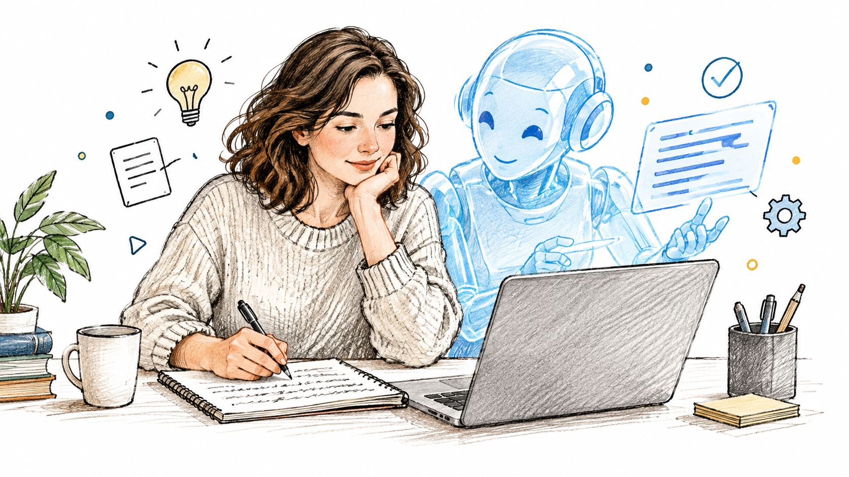 A woman working at a desk with a notebook while being assisted by a friendly AI robot.