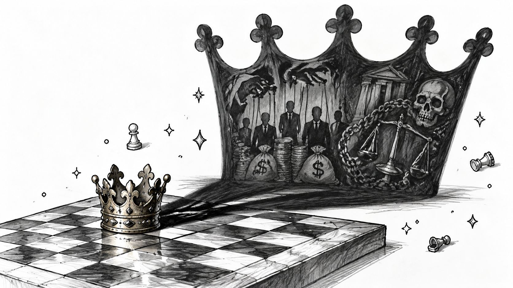 A chess king piece on a board casting a dark, shadowy silhouette revealing puppets and corrupt symbols.
