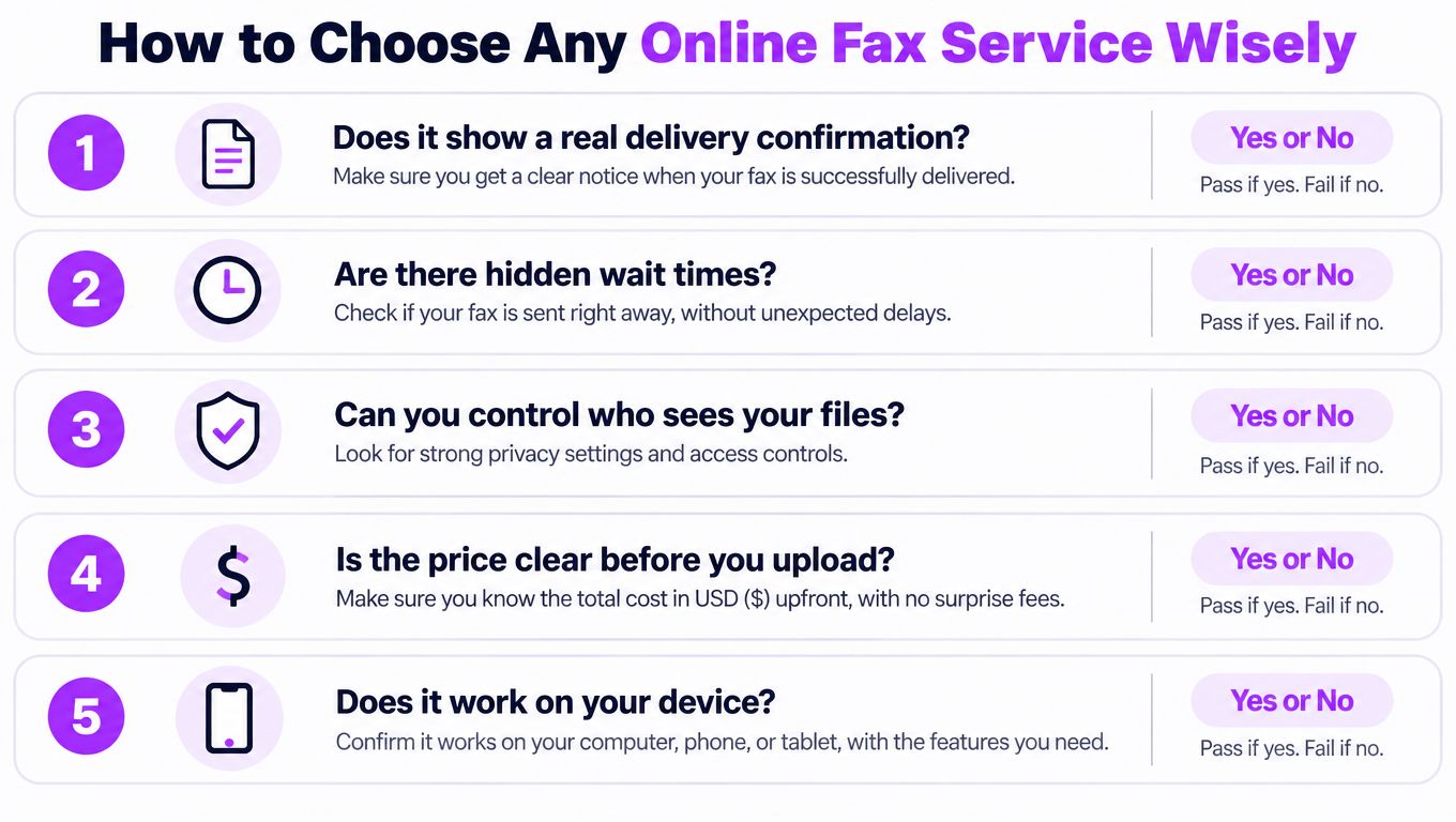 A five-step infographic showing how to evaluate and choose the right online fax service provider wisely.