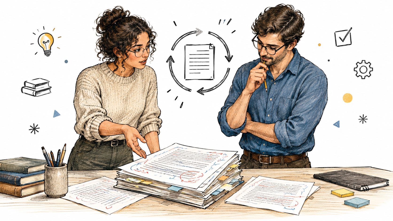 A man and woman collaborating on a thesis proposal, reviewing stacked documents with editing marks on a desk.