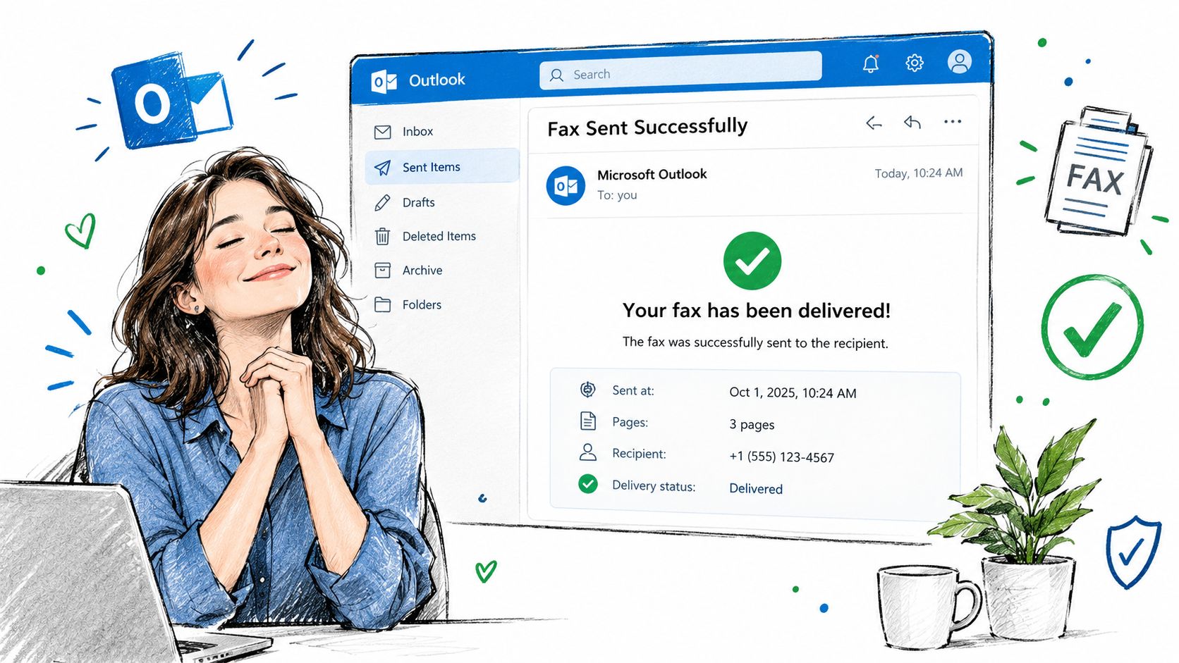 A woman smiling happily as she uses Outlook to confirm that her fax was successfully delivered.
