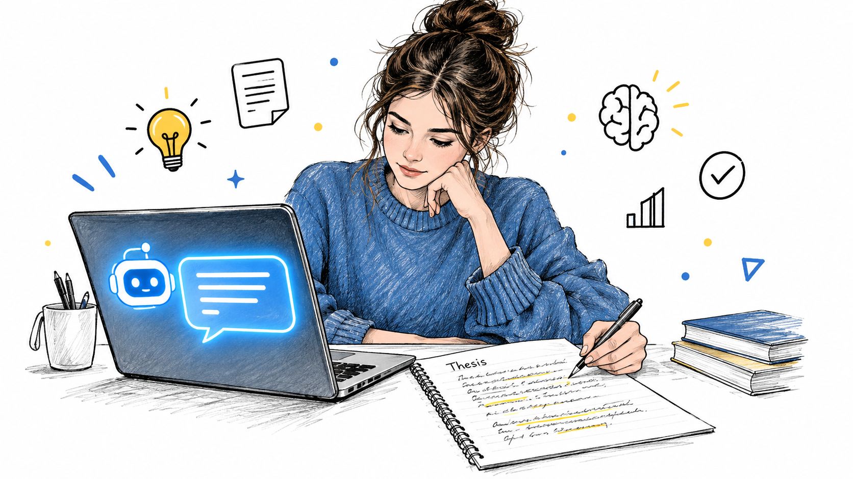 A woman studying with a laptop and notebook while writing her thesis with AI assistance tools.