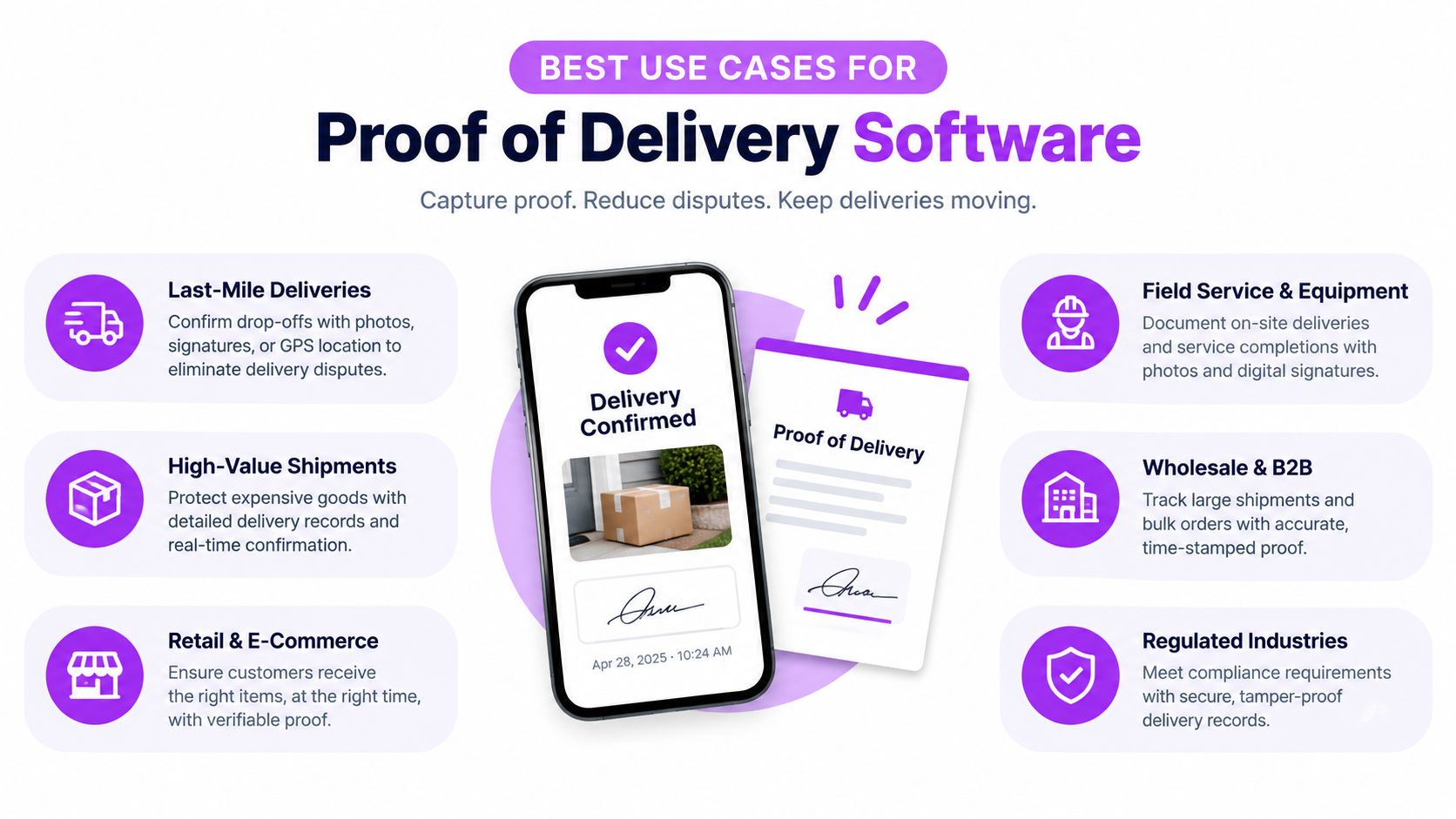 An infographic showing six best use cases for proof of delivery software featuring a smartphone displaying confirmation.