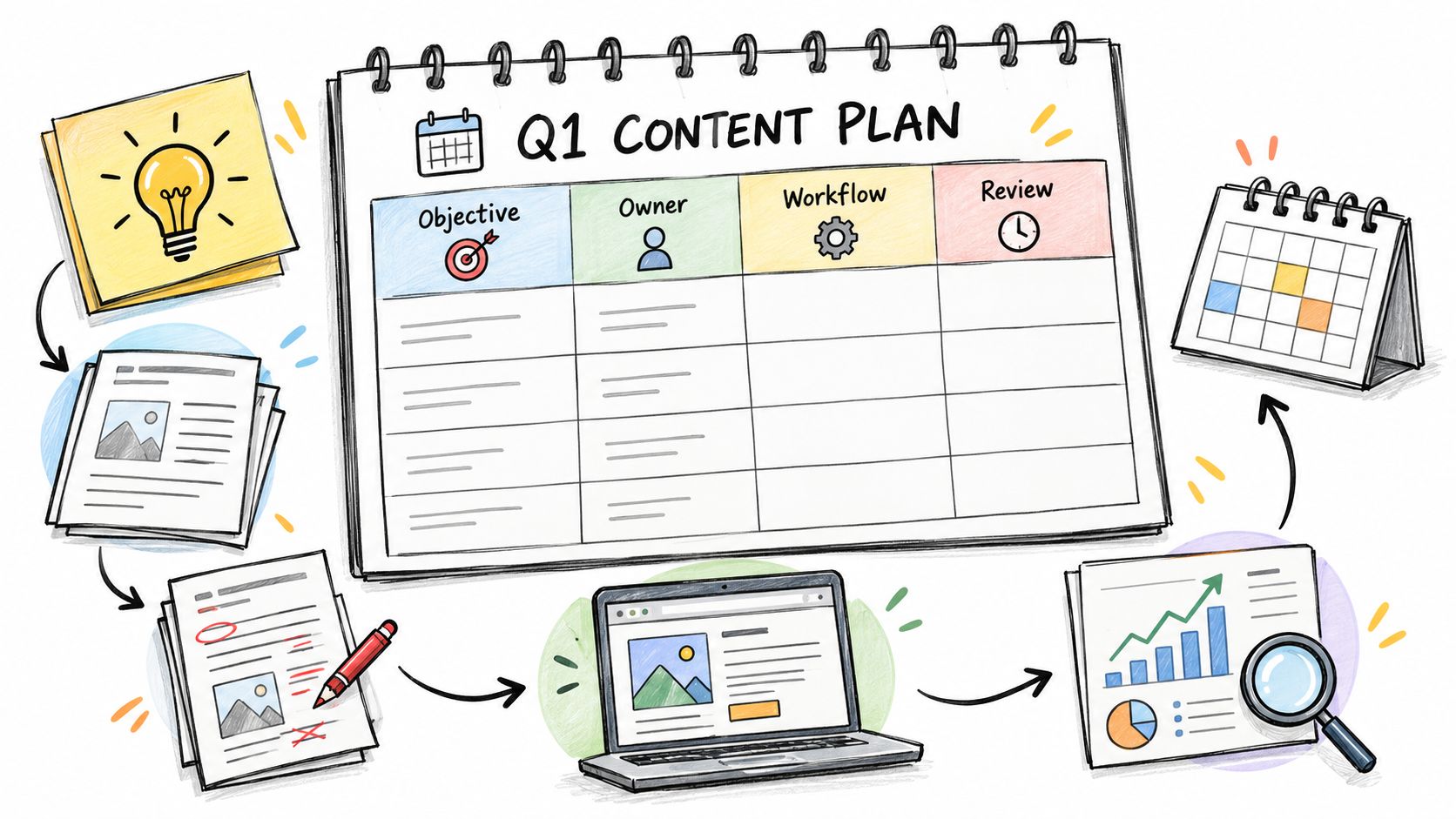 A hand-drawn sketch of a Q1 content plan template with various icons representing planning and analysis.