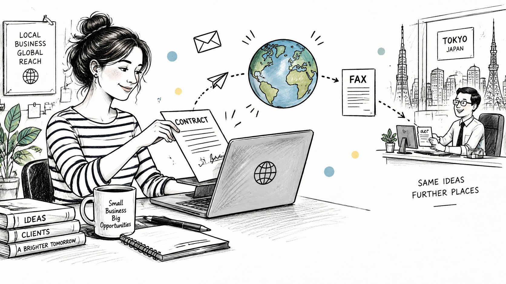 A woman working on a laptop sends a digital contract via fax to a businessman in Tokyo.