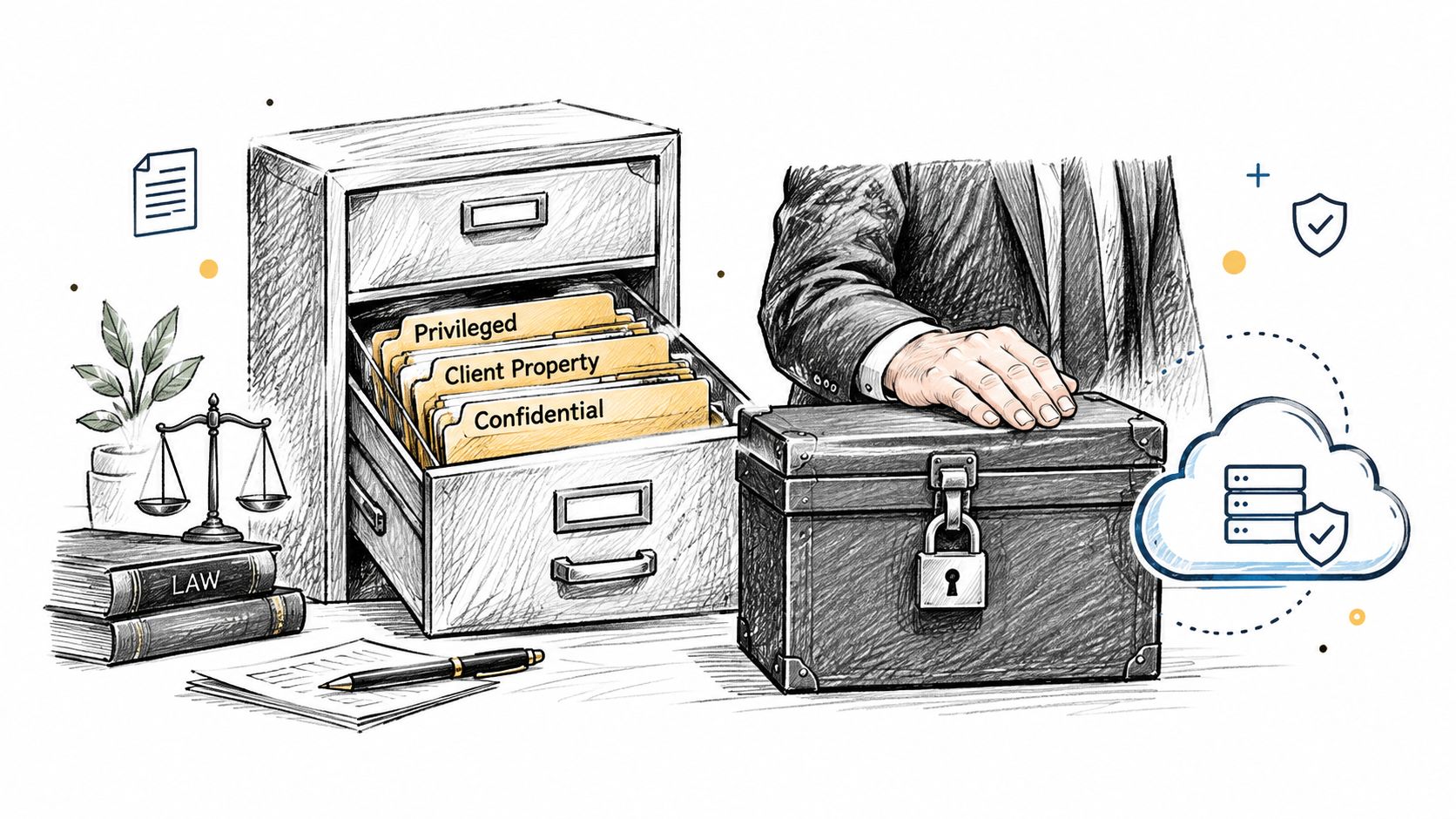 A conceptual illustration of legal document security featuring a file cabinet, a locked chest, and cloud storage.