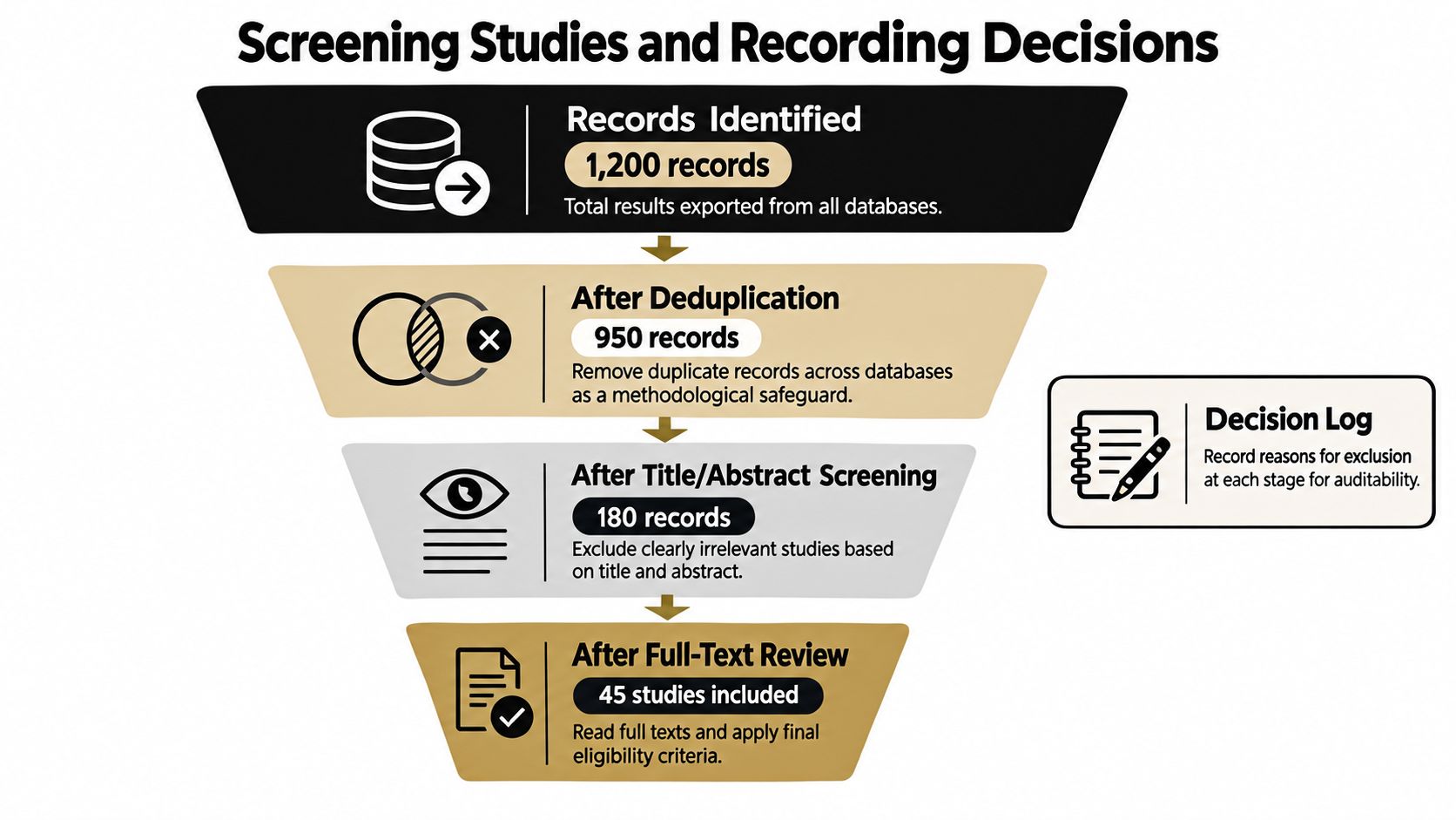 A flowchart diagram illustrating the systematic stages of a literature review process from database screening to final selection.