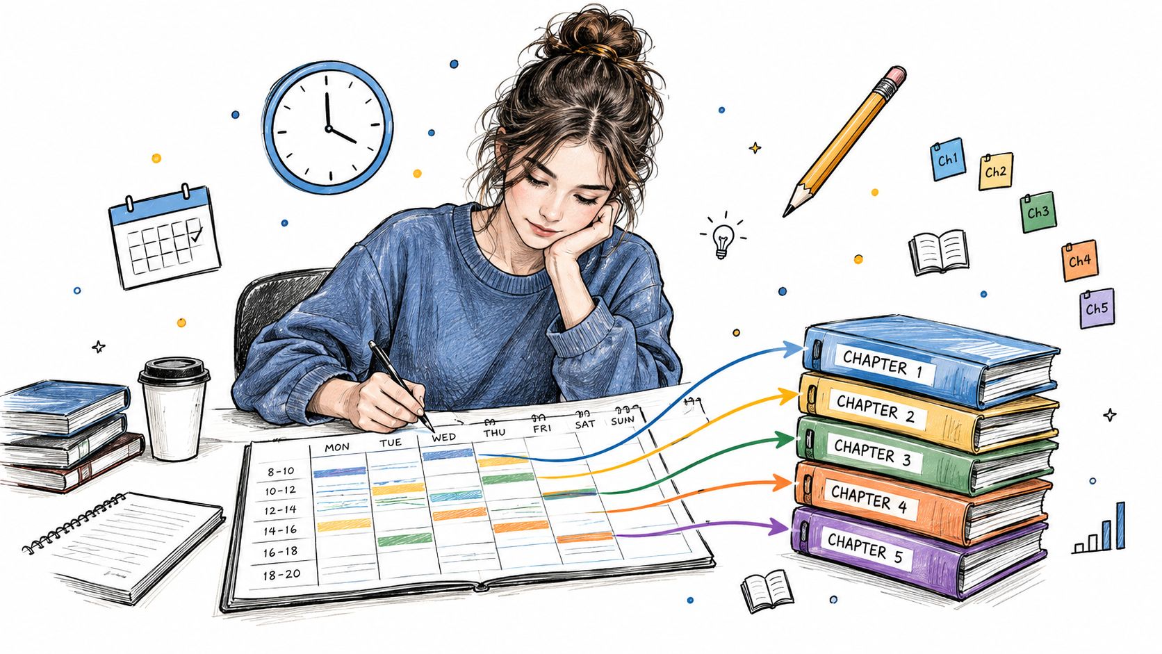 A student organizing a study schedule for chapters of a dissertation on a calendar at her desk.