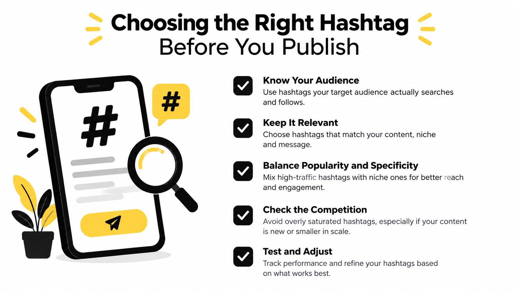A graphic providing five key tips for choosing the right hashtags before publishing social media content.