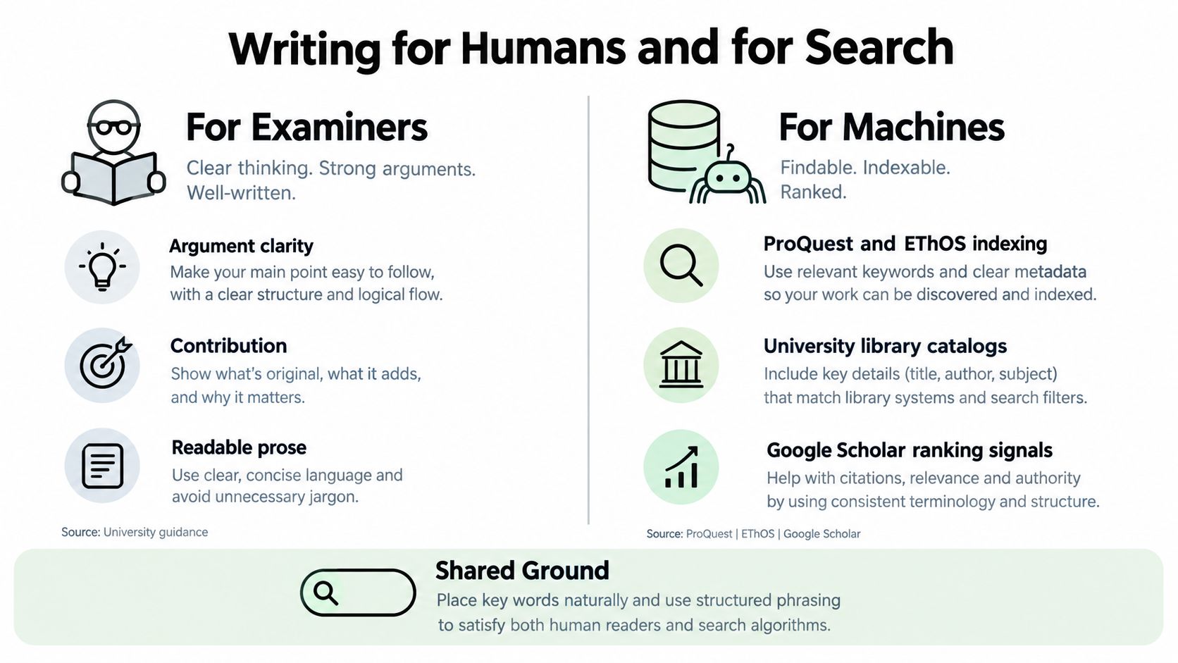 A diagram comparing writing techniques to appeal to both human examiners and search engine algorithms.