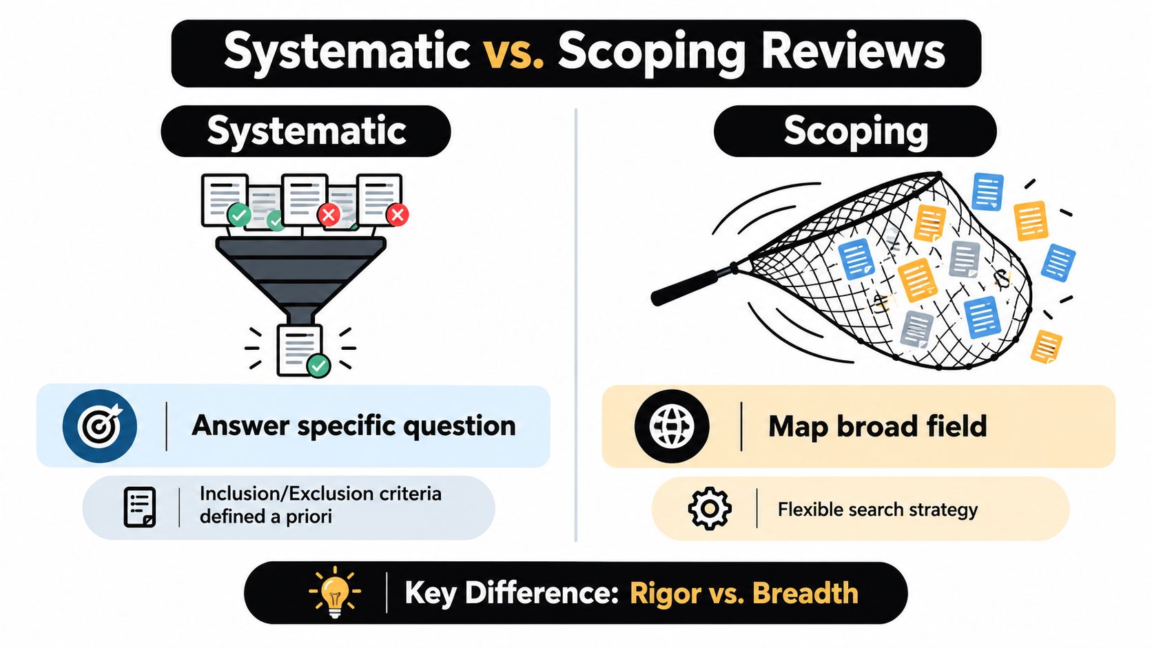 An infographic comparing the differences between systematic reviews for specific questions and scoping reviews for mapping broad fields.
