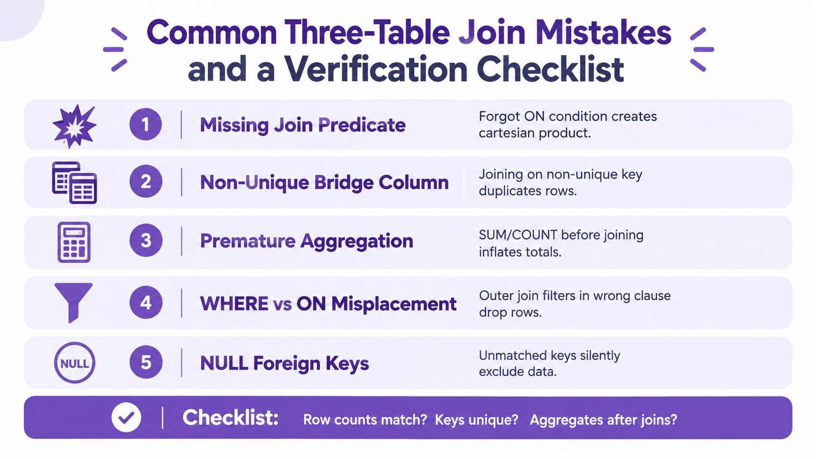 A list infographic showing five common SQL three-table join mistakes and a helpful verification checklist.