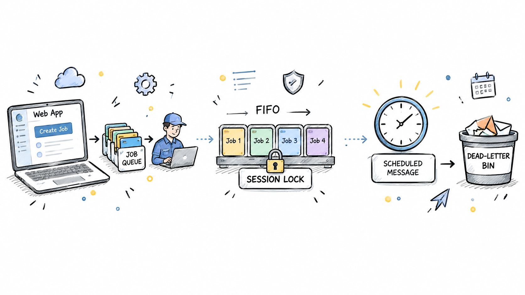 A hand-drawn illustration showing the flow of job processing in an Azure message queue architecture.