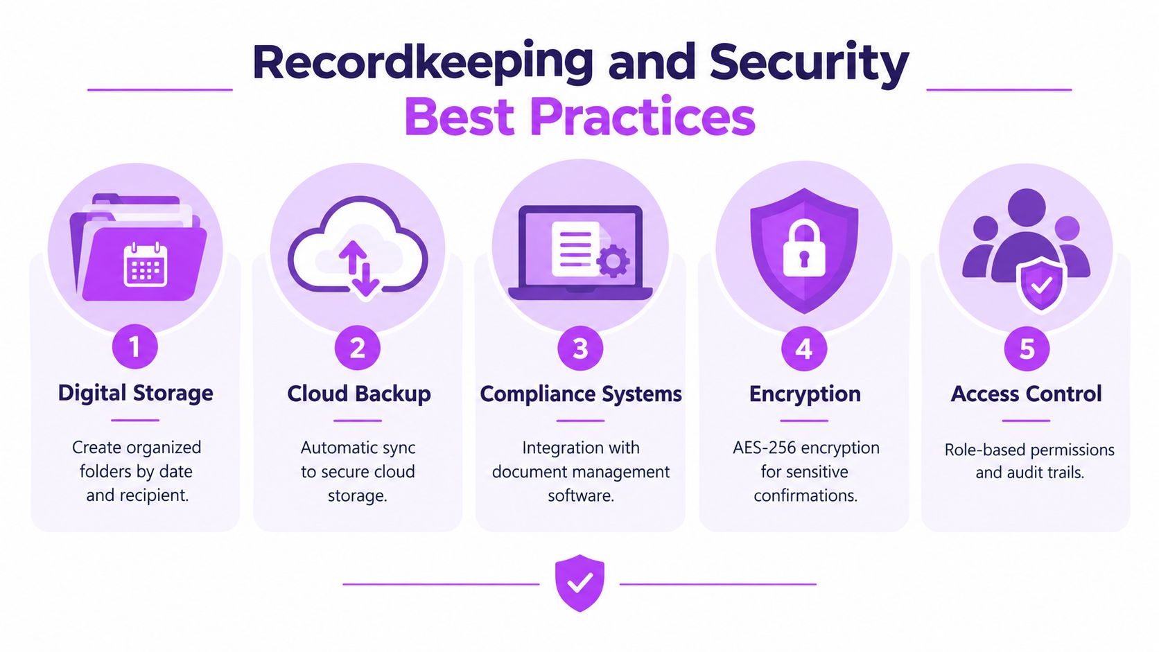 An infographic showing five best practices for recordkeeping and security, including digital storage, cloud backup, and encryption.