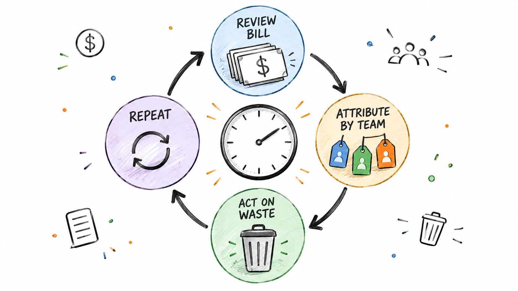A circular diagram illustrating a four-step cloud cost management process involving reviewing bills, attributing costs, acting, and repeating.