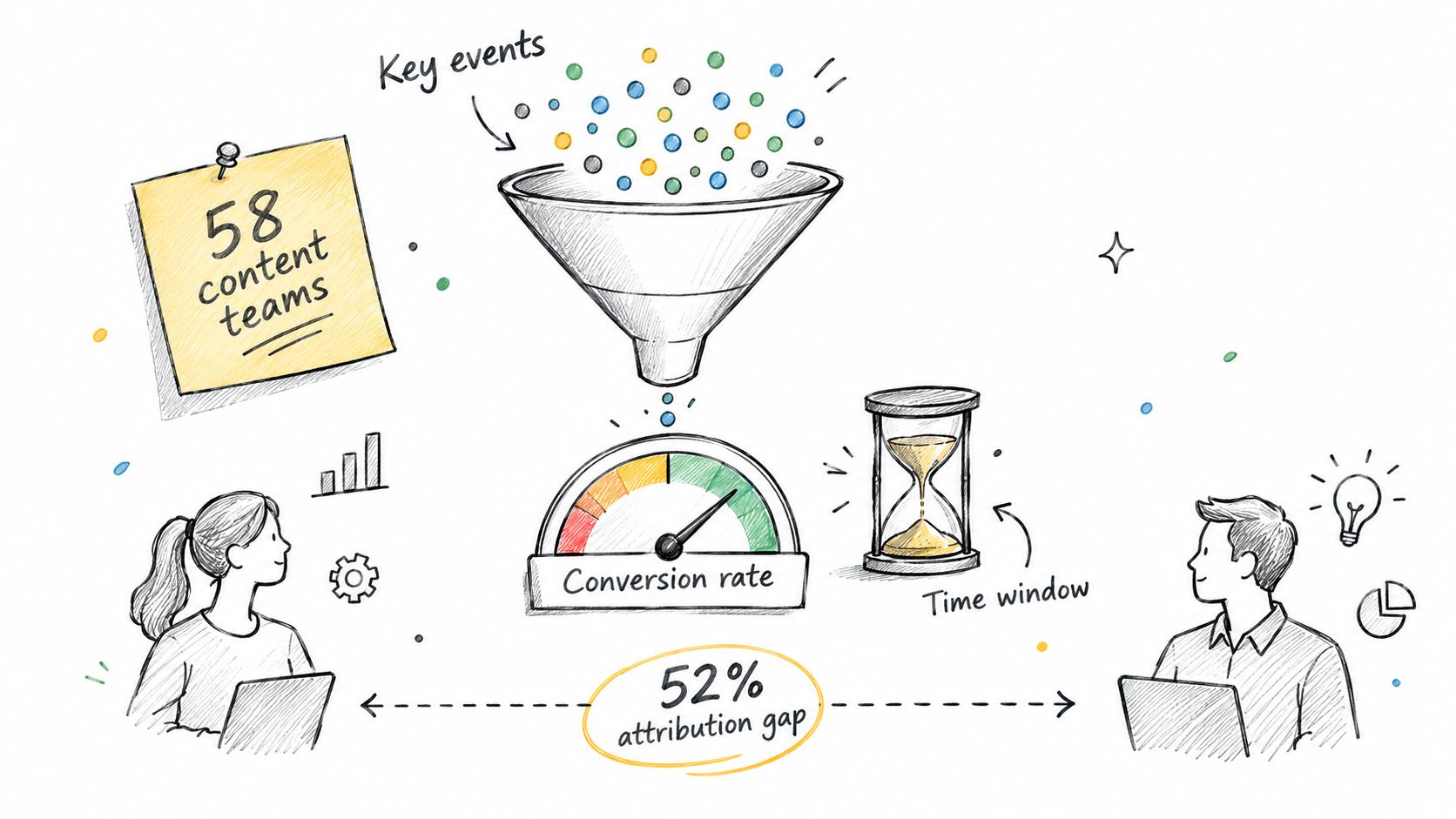 A sketched illustration representing content performance analytics, featuring a funnel, a gauge, and an attribution gap.