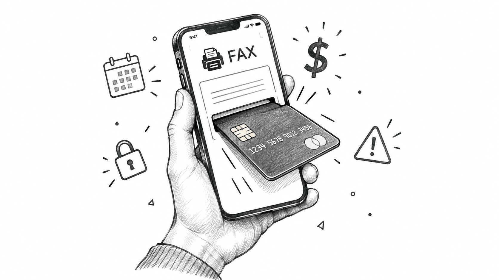 A hand holds a smartphone with a fax app displayed, while a credit card slides out