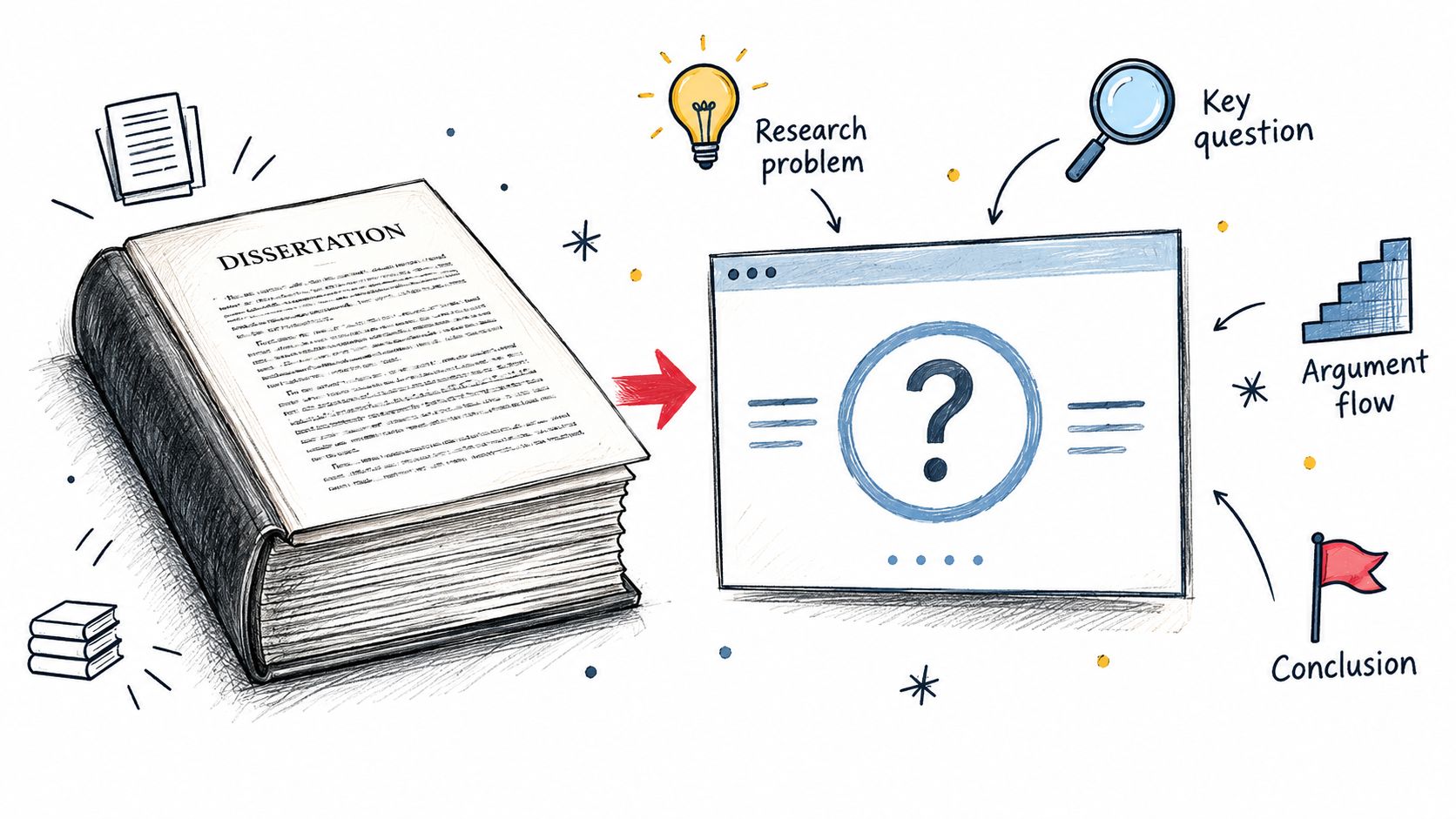 A hand-drawn illustration showing a dissertation book transforming into a digital research planning process diagram.
