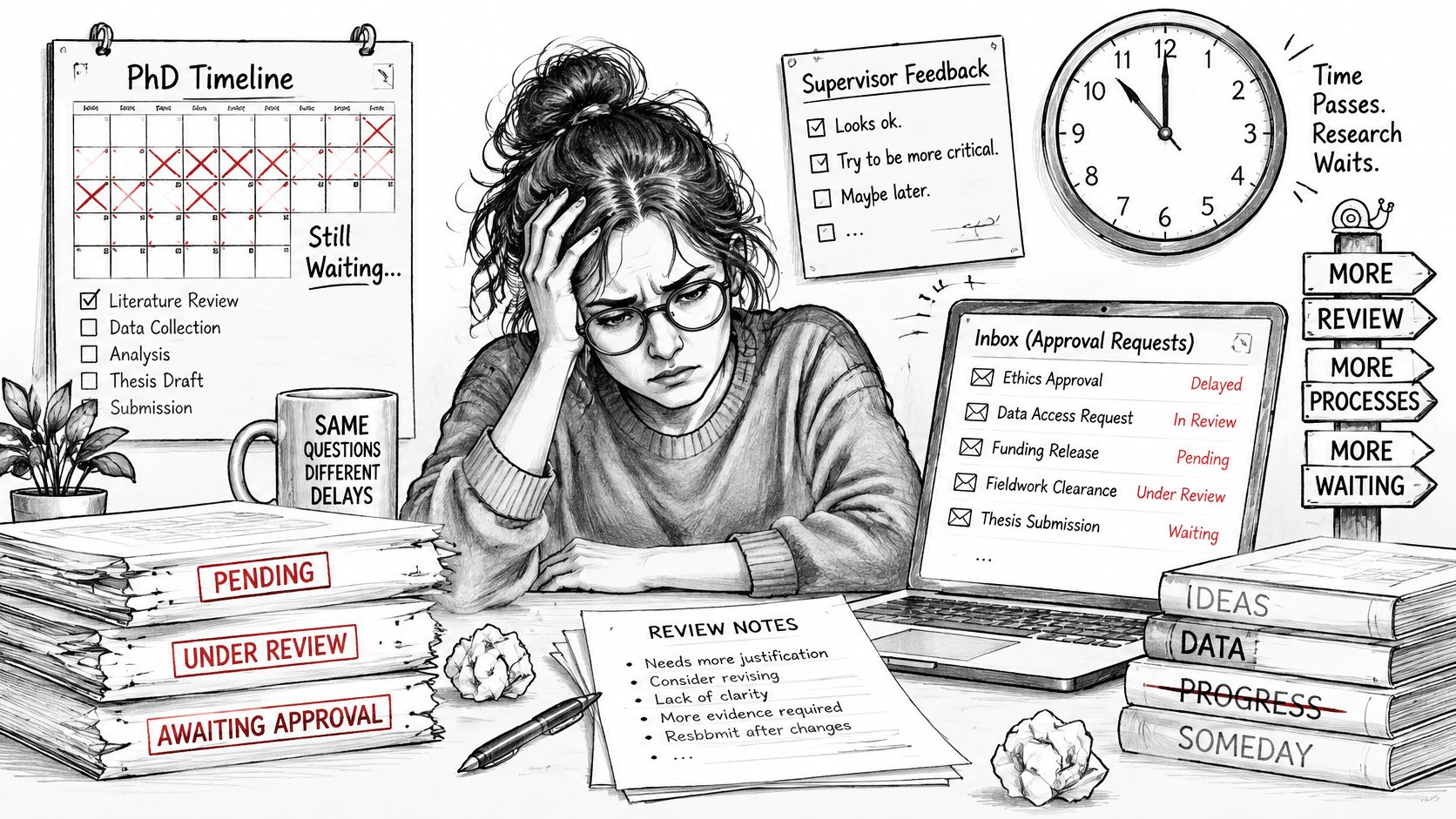 A stressed PhD student sitting at a cluttered desk overwhelmed by administrative delays and academic research requirements.