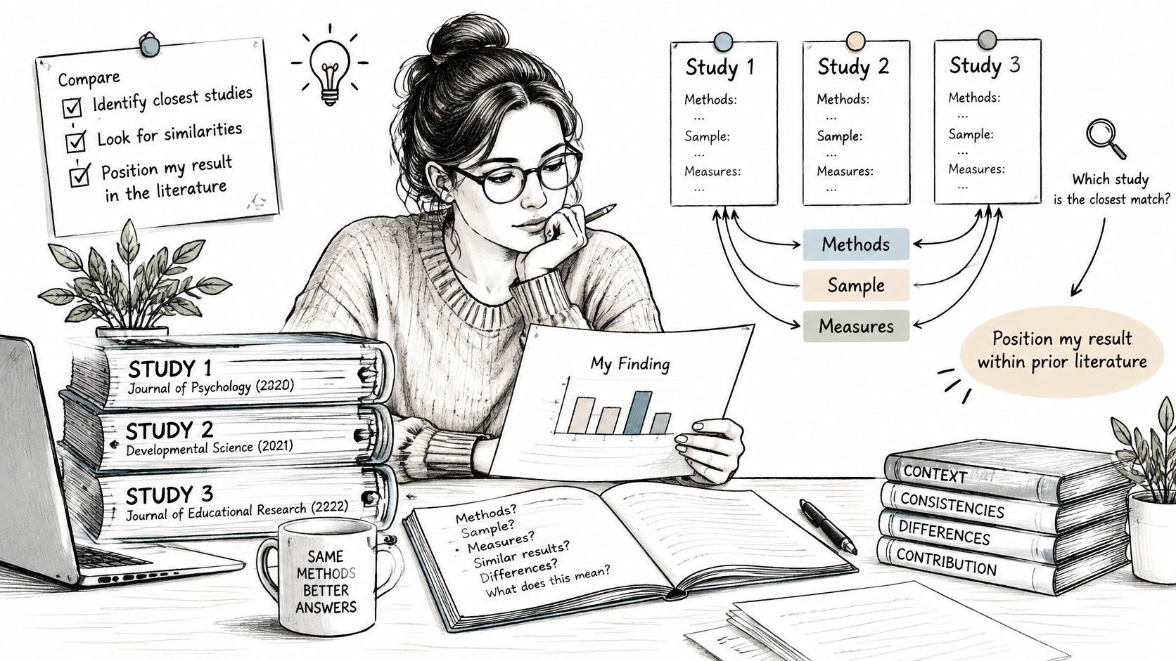 A student analyzing research studies to compare findings and position their results within academic literature.