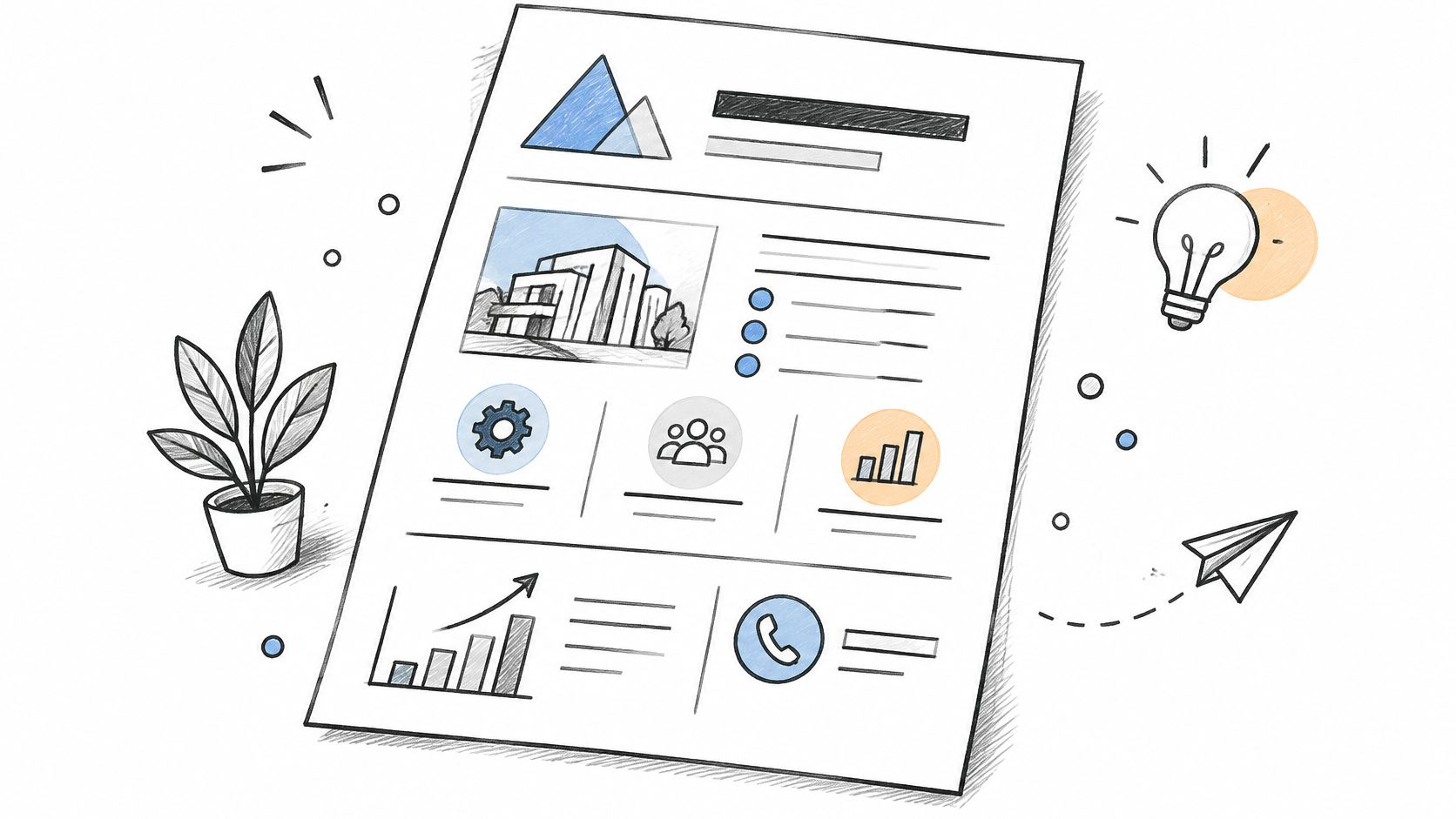 A hand-drawn illustration of a corporate profile document with business icons, charts, and a plant nearby.