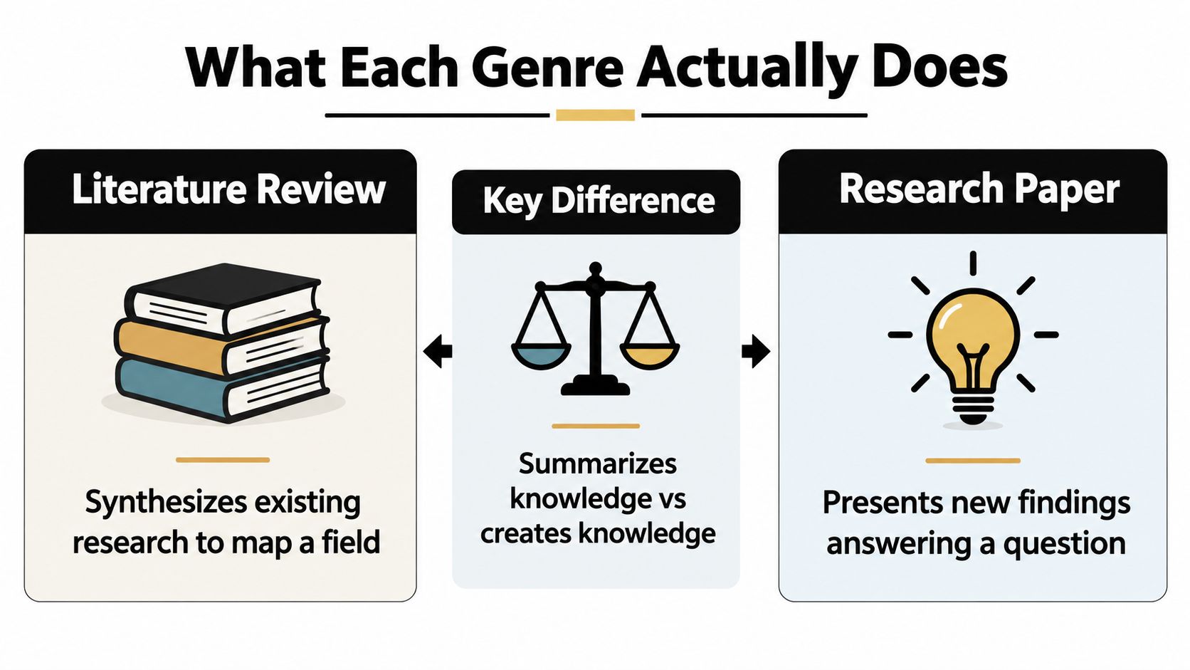 An infographic comparing the functions of a literature review and a research paper for academic writing.