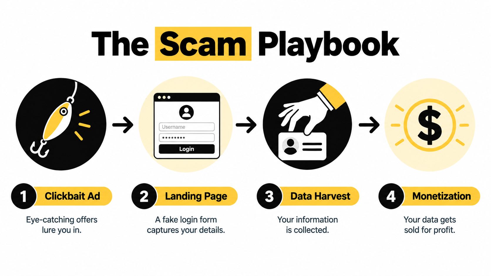 A four-step infographic illustrating how a digital scam works, from a clickbait ad to data monetization.